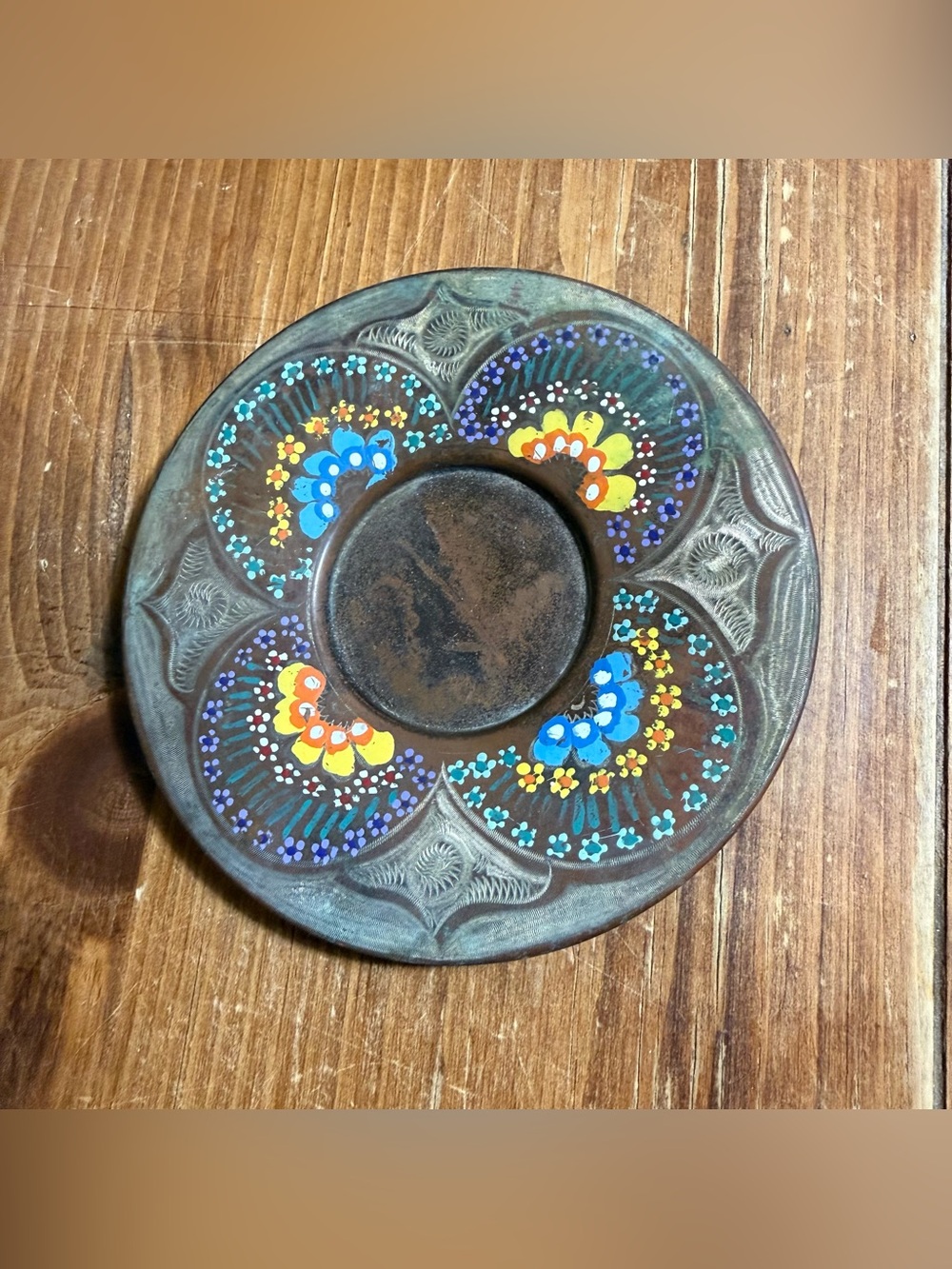 Vintage etched copper wall plate, hand painted enamel.